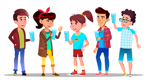 Thirsty Characters Children Drink Water Vector. Smiling Teenagers Holding Glasses With Freshness Beverage And Healthy Liquid Enjoying And Quench Thirsty. Design Flat Cartoon Illustration
