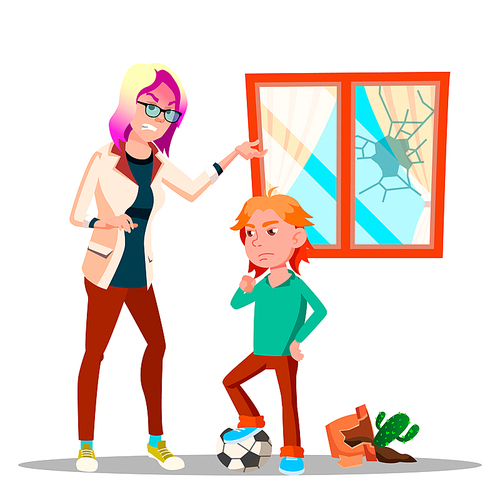 Angry Character Woman Yelling At Schoolboy Vector. Mother Yelling Scolding At Sad, Upset Guilty Son Breaking Window And Vase With Cactus While Playing Soccer. Flat Cartoon Illustration