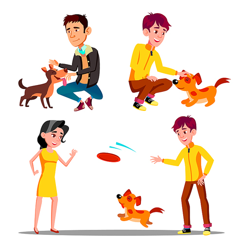 Characters Walking With Domestic Animal Set Vector. Man And Woman Walking, Petting And Playing Frisbee With Happy Running And Jumping Pet Dog. Outdoor Activity Flat Cartoon Illustration