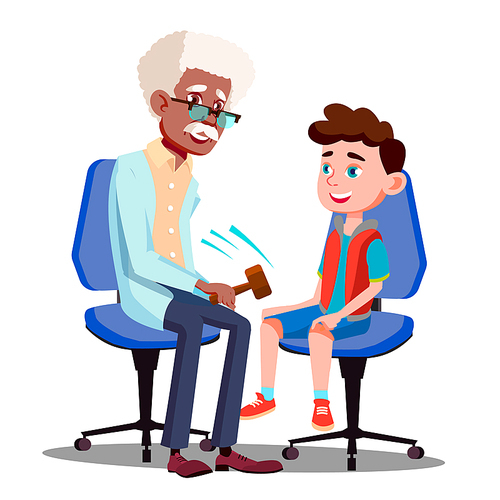 Character Neurologist Checking Boy Reflex Vector. Doctor Knocking Patella With Hammer For Diagnostic Reflex And Consultation Young Man In Hospital. Medicine Flat Cartoon Illustration