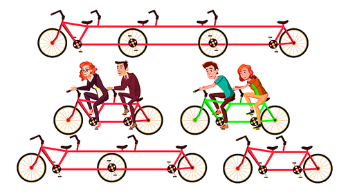 Bicycle Tandem Riding By Characters Set Vector. Bycicle For Friends Activity Healthy Time Or Joint Trip To Work. Happy Smiling Man And Woman Pedaling Quintbike Flat Cartoon Illustration