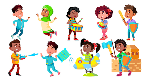 Character Children Rejoice And Playing Set Vector. Happy School Multiracial Children Joyfully Jumping And Laughing. Happiness And Excited Pupil Boys And Girls Flat Cartoon Illustration