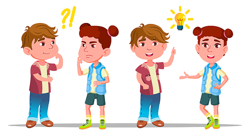 Characters Children Thinking And Understand Vector. Smart Pupils Boy And Girl Have Question Or Trouble And Understand Problem And Find Successful Solution. Flat Cartoon Illustration