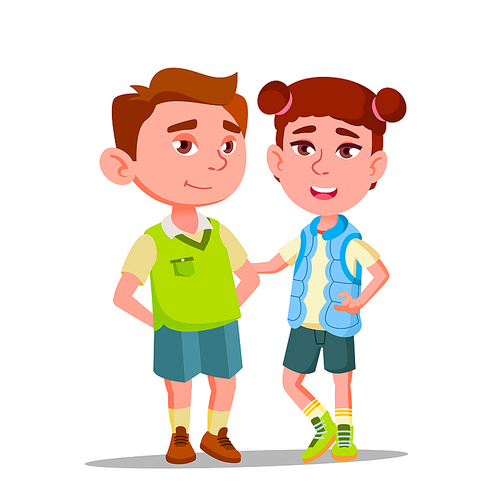 Characters Boy And Girl With Syndrome Down Vector. Physical Handicapped Children With Disease Syndrome Standing Together, Smiling And Hugging. Young Disability Flat Cartoon Illustration