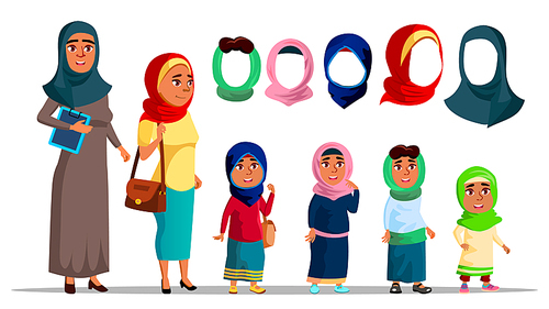 Arabian Characters Women Wearing Hijab Vector. Religion Muslim Adult Female And Little Girl Children With Fashion Eastern Multicolored Hijab Headscarf. Colorful Flat Cartoon Illustration