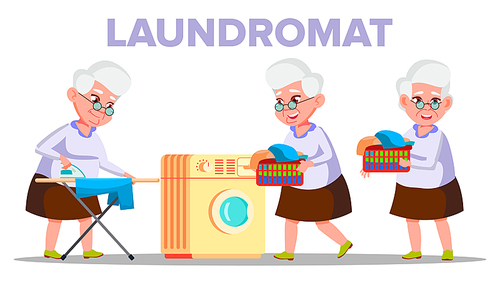 Electrical Washing Laundromat Appliance Vector. Character Old Woman Grandmother Dry In Laundromat And Stroking On Ironing Board Clothes. Housework Colorful Flat Cartoon Illustration