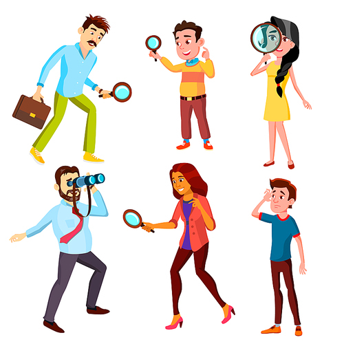 Curious Characters Looking Information Set Vector. Woman And Man Searching Through A Magnifying Glass, Male Watching In Binocular And Boy Looking Into Distance. Flat Cartoon Illustration
