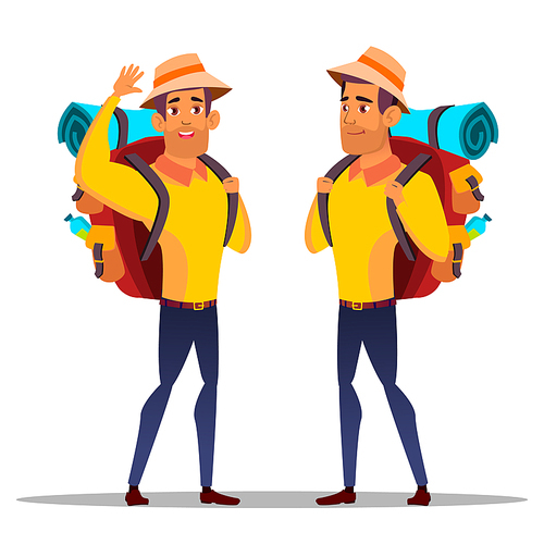 Character Man Hiker With Large Backpack Vector. Tourist Hiker Journey On Mountain With Equipment Vacation. Healthy Summer Climbing Adventure Walking Activity Flat Cartoon Illustration
