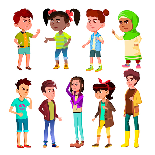 Character Children And Teenager Blowout Set Vector. Blowout Quarrel Conflict Between Unhappy Little Girl And Boy, Angry Young Male And Female. Bad Relationship Flat Cartoon Illustration