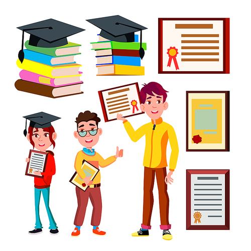 Student Academic Qualification Certificate Vector. Character Young School Boy And Girl Holding Qualification Degree Diploma. Graduate Cap On Stack Books. Education Flat Cartoon Illustration