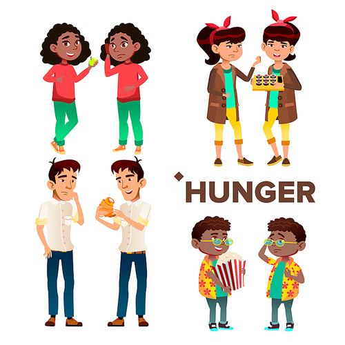 Character Girl And Boy Feeling Hunger Set Vector. Hunger African Young Woman Eat Apple, Asian Female Happy For Sushi, Teenager And Little Male Tasty Croissant And Pop Corn. Flat Cartoon Illustration