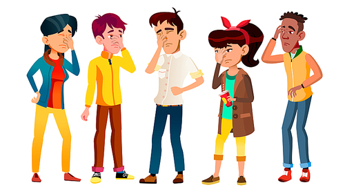 Ashamed Teenagers With Gesture Facepalm Set Vector. Collection Of Mulicultural Character Young People With Facepalm. Depression, Headache, Disappointment Or Shame Flat Cartoon Illustration