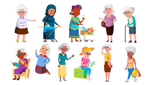 Collection Of Mulicultural Old Granny Set Vector. Happy Smiling Woman Granny Reading Book, Dancing And Jumping, Travelling And Walking, Ironing Clothes And Shopping. Flat Cartoon Illustration