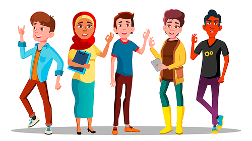 Mulicultural Characters People Satisfied Vector. Satisfied International Men And Women Showing Gesture Ok Hand Sign, Smiling And Standing. Well Done Expression Flat Cartoon Illustration