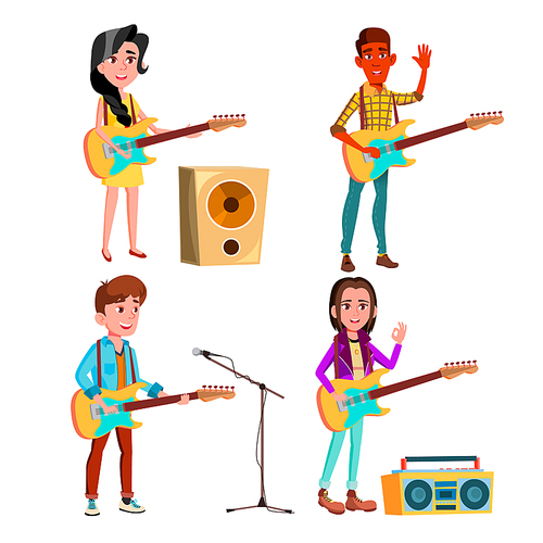 Character Guitarist Playing On Instrument Vector. Happy Smiling Boy And Girl Electric Guitarist Standing Near Tape Recorder, Microphone And Music Speaker. Musician Flat Cartoon Illustration