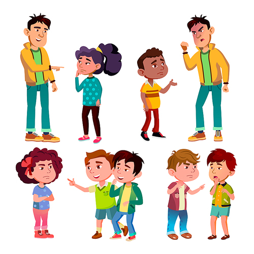 Sad And Angry Victim Character Boy And Girl Vector. Teenager Boy Laughing And Swear On Victim Kids, Children Trolling Abusive Classmate. Social Bullying Concept Flat Cartoon Illustration