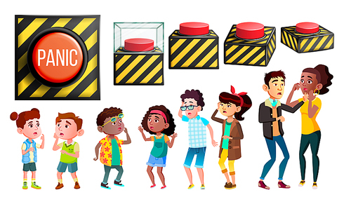 Panic Characters People And Red Button Set Vector. Different Size And View Alarm Danger Knob, Multiethnic Scared, Panic And Stressed Children And Adult Person Group. Design Flat Cartoon Illustration