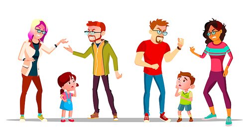 Kids Crying Because Parents Are Divorcing Vector. Angry Characters Husband And Wife Quarrel And Divorcing, Unhappy Children Boy And Girl Saddened. Family Conflict Flat Cartoon Illustration