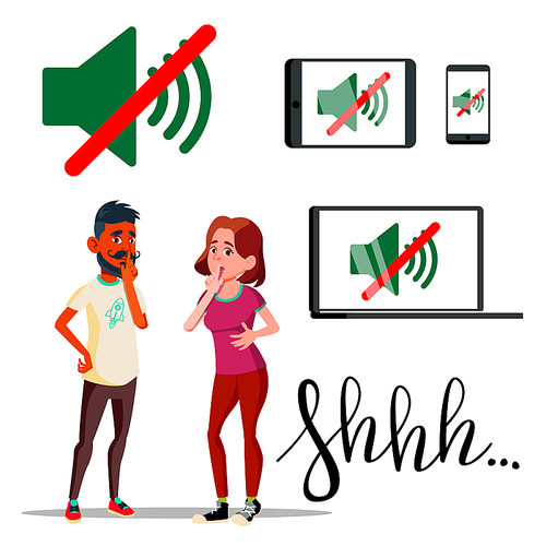 Characters Man And Woman Asking Silent Vector. Handwriting Word Shhh And Sound Off Silent Mode Icon On Laptop, Smartphone And Tablet. No Speaking And Talking Flat Cartoon Illustration