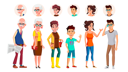 Collection Of Characters Person People Set Vector. Different Age Person Laughing Old Man With Newspaper, Smiling Granny, Young Woman And Teenager. Diverse Folk Flat Cartoon Illustration