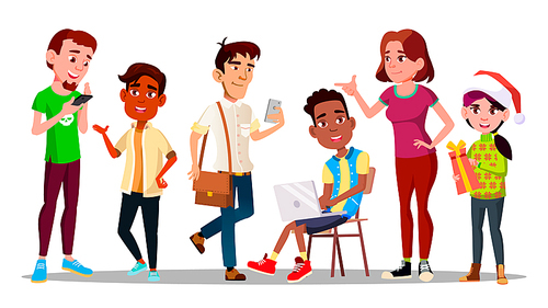 International Character Adolescent Set Vector. Adolescent Sitting On Chair And Holding Laptop, Teenager With Smartphone, Smiling Boy And Young Girl With Christmas Present. Flat Cartoon Illustration