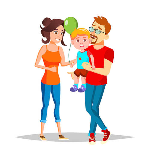 Character Parents Celebrating Childbirth Vector. Happy Woman Mother And Man Father Hold On Hands Newborn Infant Son With Helium Balloon After Childbirth. Family Flat Cartoon Illustration