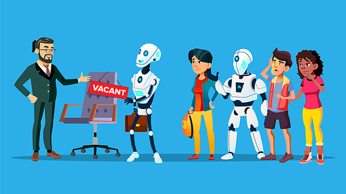 Unemployed Characters Waiting Interview Vector. Unemployed Robot, Young Man And Woman Doing Line For Vacant Workplace. Competition For Job And Technological Revolution Flat Cartoon Illustration