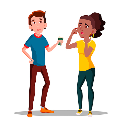 Sleepy Tired Characters Young Man And Girl Vector. Bored Yawning Woman And Displeased Sleepy Sad Boy With Cup Of Coffee. Exhausted Feeling After Sleepless Night Flat Cartoon Illustration