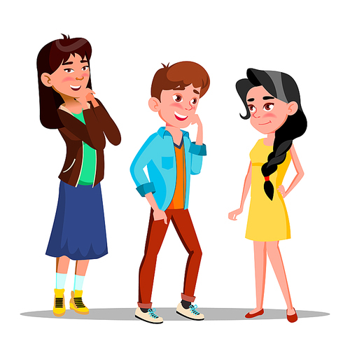 Shy Characters Young Boy And Girl Smiling Vector. Drawing Shy Amused Laughing Teenager And Woman With Embarrassed Expression And Hands On Face. Blushing People Flat Cartoon Illustration