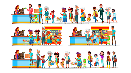 People Waiting In Long Queue To Cashier Set Vector. Characters Customer Young And Old Man With Woman, Teenager And Children With Purchase In Supermarket Near Cashier. Flat Cartoon Illustration