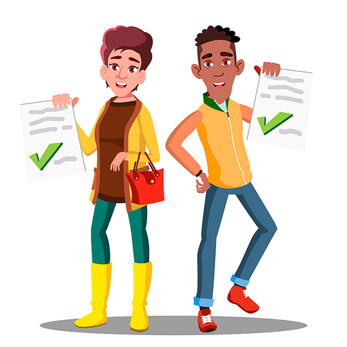 Happy Student Holding Paper With Excellent Test Exam Result Vector. Illustration