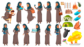 Arab, Muslim Teen Girl Poses Set Vector. Refugee, War, Bomb, Explosion, Panic. For Web Design Cartoon Illustration