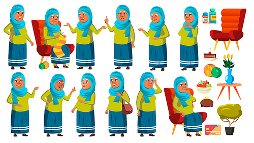 Arab, Muslim Old Woman Poses Set Vector. Elderly People. Senior Person. Aged. Cute Retiree. Activity. Advertisement, Greeting, Announcement Design Cartoon Illustration