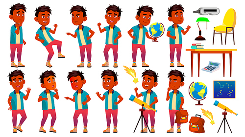 Indian Boy Schoolboy Kid Poses Set Vector. Primary School Child. Young People. Astronomy. Discover Planet. University, Graduate. For Advertising, Placard, Print Design. Cartoon Illustration