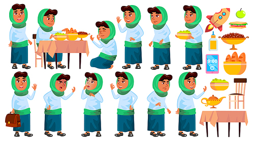 Arab, Muslim Girl School, Girl Kid Poses Set Vector. Primary School Child. Teaching, Educate, Schoolkid. Design Cartoon Illustration