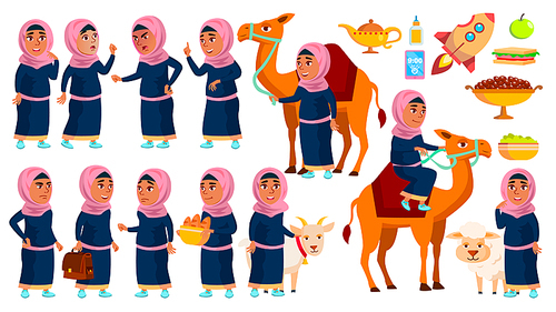 Arab, Muslim Girl School, Girl Kid Poses Set Vector. Primary School Child. Study. Knowledge, Learn, Lesson. Camel, Sheep Goat For Traditional Clothes Cartoon Illustration