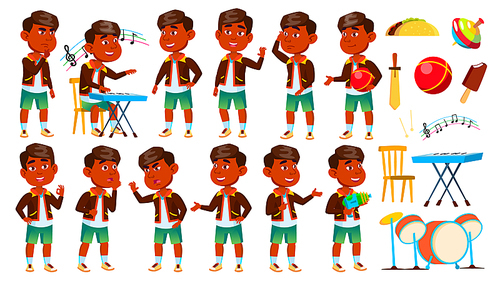 indian boy kindergarten kid poses set vector. preschool. young person. cheerful. for web, , poster design. cartoon illustration