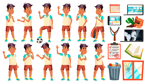 Arab, Muslim Boy Schoolboy Kid Poses Set Vector. High School Child. School Student. Athlete, Football Player. For Banner, Flyer, Web Design. Cartoon Illustration