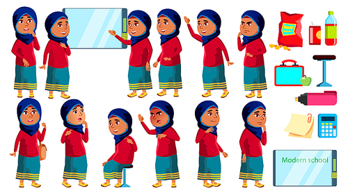 Arab, Muslim Girl Kid Poses Set Vector. High School Child. Schoolchild. Funny, Friendship, Happiness Enjoyment. For Banner, Flyer, Web Design Cartoon Illustration