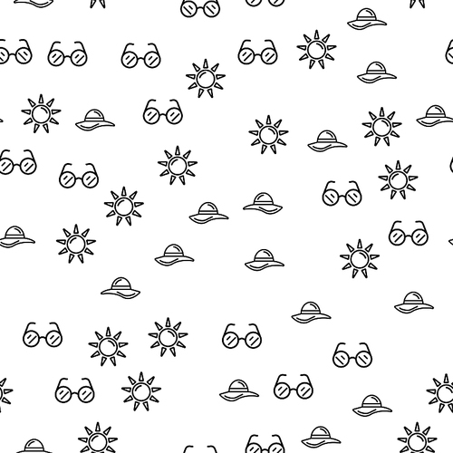 Summer Vacation Elements Seamless Pattern Vector. Sun, Sunglasses And Beach Hat With Brim Summer Implements Monochrome Texture Icons. Vacation Relaxation Template Flat Illustration