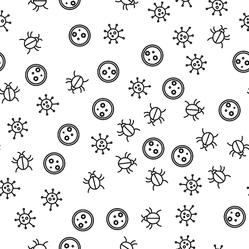 Medical Bacteria And Virus Seamless Pattern Vector. Bug, Bacteria And Microbe Laboratory Infection Micro Elements Monochrome Texture Icons. Biological Microorganism Template Flat Illustration