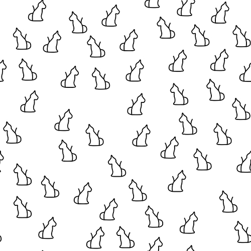 Contour Of Domestic Cat Seamless Pattern Vector. Silhouette Of Beautiful Sitting Domestic Mammal Kitten Monochrome Texture Icons. Drawing Stencil Animal Pussycat Template Flat Illustration