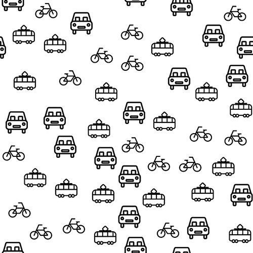 Types Of City Transport Seamless Pattern Vector. Bicycle, Car And Tram Means Of Transport For Travel On Village Streets Monochrome Texture Icons. Town Movement Vehicle Template Flat Illustration