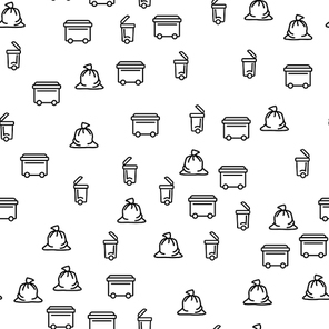 Waste Emission Collection Seamless Pattern Vector. Bag With Trash And Dumpster Container Waste Recycling Monochrome Texture Icons. Traditional Garbage Disposal Template Flat Illustration