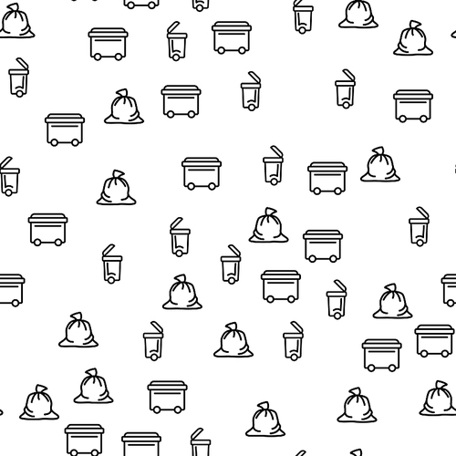 Waste Emission Collection Seamless Pattern Vector. Bag With Trash And Dumpster Container Waste Recycling Monochrome Texture Icons. Traditional Garbage Disposal Template Flat Illustration