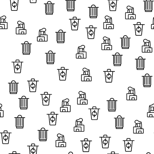 Trash Process Recycling Seamless Pattern Vector. Waste Basket, Rubbish Dustbin, Dumpster And Recycling Plant Monochrome Texture Icons. Protection Environment Template Flat Illustration