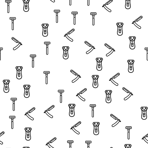 Shaving Devices Collection Seamless Pattern Vector. Electric Shaving Machine, Trimmer, Blade And Straight Razor Monochrome Texture Icons. Barbershop Elements Template Flat Illustration
