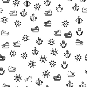 Details Of Delivery Ship Seamless Pattern Vector. Steering Wheel, Anchor And Cargo Ship With Containers On Shipboard Monochrome Texture Icons. Sea Transportation Template Flat Illustration