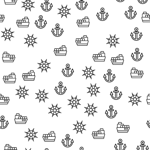 Details Of Delivery Ship Seamless Pattern Vector. Steering Wheel, Anchor And Cargo Ship With Containers On Shipboard Monochrome Texture Icons. Sea Transportation Template Flat Illustration