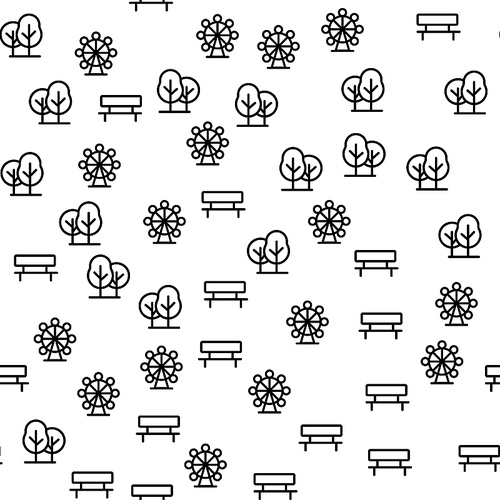 Elements Of Amusement Park Seamless Pattern Vector. Bench, Trees And Carousel Wheel Review Amusement Zone Monochrome Texture Icons. Holiday Recreation Area Template Flat Illustration